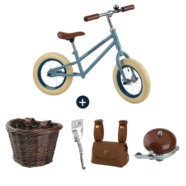 Bicicletă De Echilibru Retro Albastră Cu Cos, Buzunar Si Claxon Vintage, Hudora