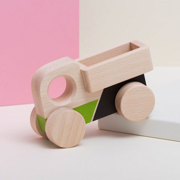 Camion jucarie Montessori, din lemn, verde-negru, Mobbli