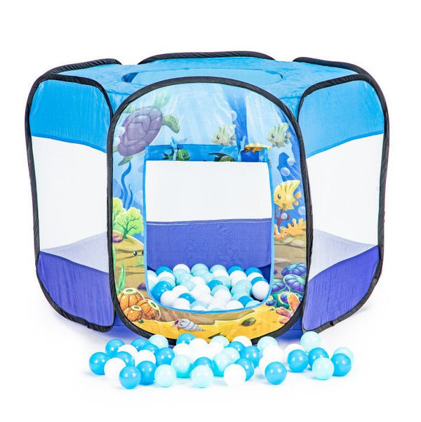 Cort de joaca pentru copii tip piscina uscata, cu 100 de bile colorate incluse, 90 x 90 x 70 cm, Albastru, iPlay