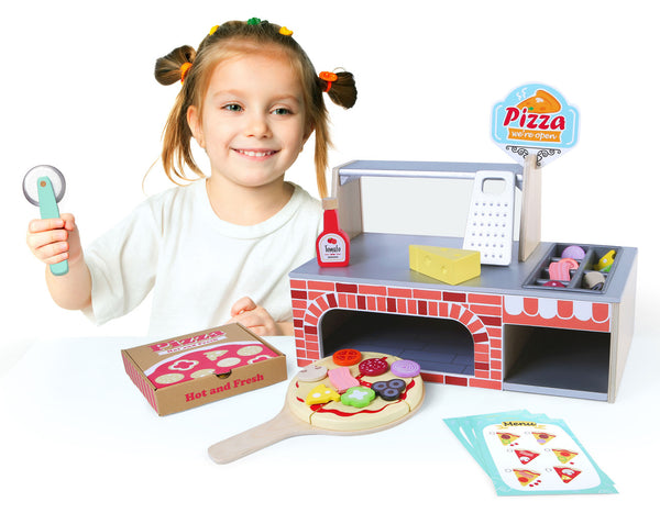 Cuptor pizzerie cu accesorii din lemn, Ecotoys, joc de rol, dezvolta imaginatia si abilitatile manuale