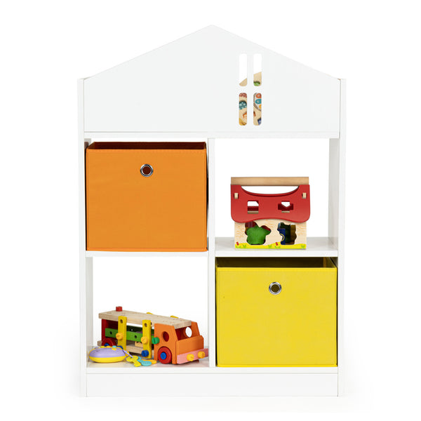 Dulap tip biblioteca, organizator jucarii, camera copilului, Ecotoys, 65,2x27x90,5 cm, Alb cu sertare colorate