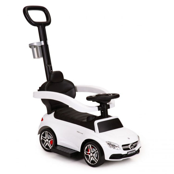 Masinuta Ride-On pentru copii, Mercedes AMG, cu melodii si clanxon, spatar si balustrade de protectie, volan multimedia si maner de ghidare, Alba