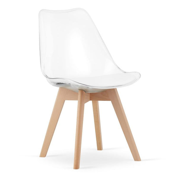 Set 4 scaune moderne, stil scandinav cu picioare din lemn masiv si perna din piele ecilogica, transparente