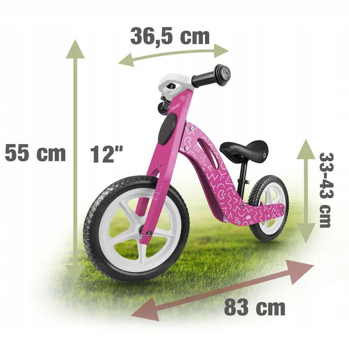 Bicicleta de echilibru din lemn pentru copii, scaun din spuma, roti 12 inchi, Ricokids, 7614, Roz