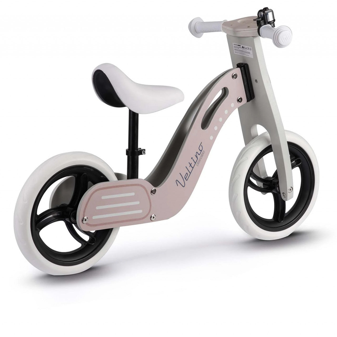 Bicicleta de echilibru din lemn pentru copii, scaun din spuma, roti 12 inchi, Ricokids, Veltino, 7619, Roz