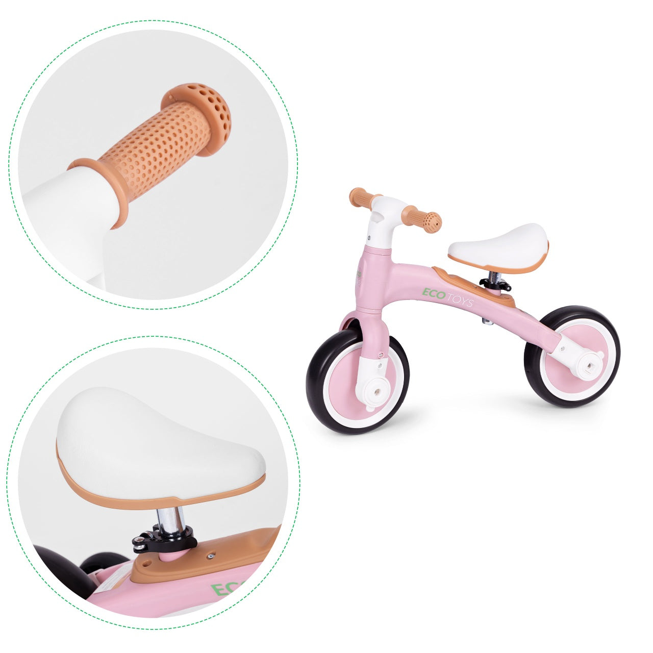 Bicicleta de echilibru Ecotoys, 3in1, inaltime reglabila, sarcina maxima 30 kg, Roz