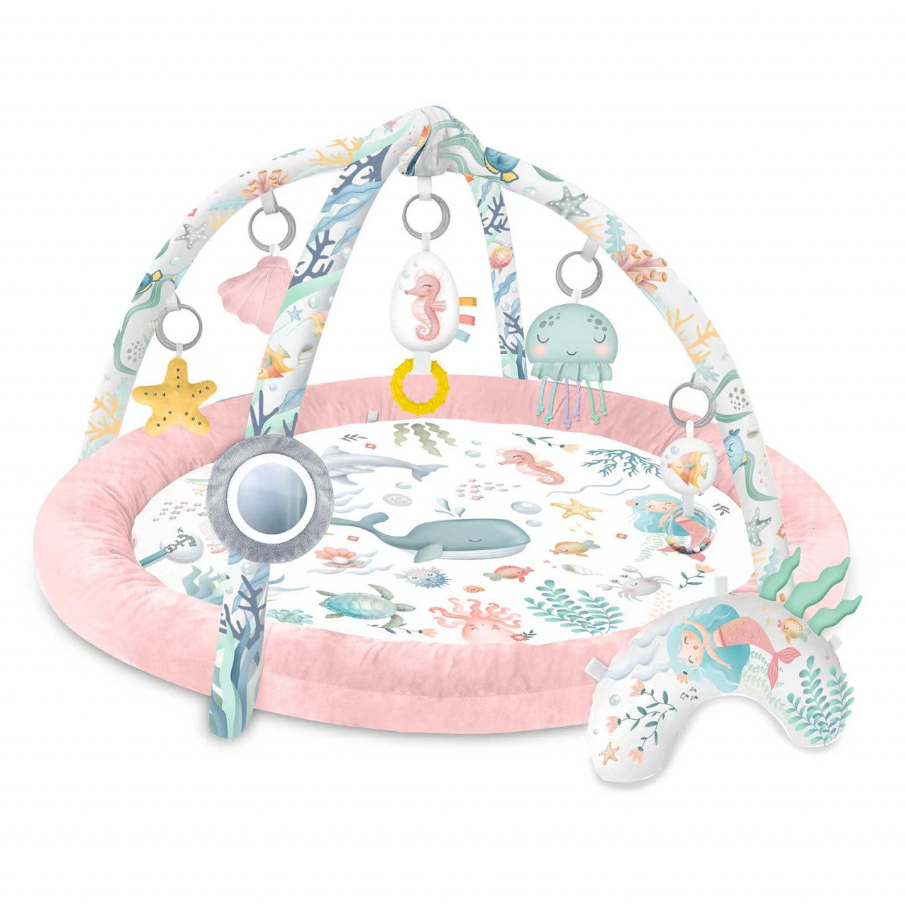 Covoras educativ pentru copii, multifunctional, pereti babynest, 7 jucarii interactive, oglinda, Nukido, 97 x 78 cm, Ocean Pink