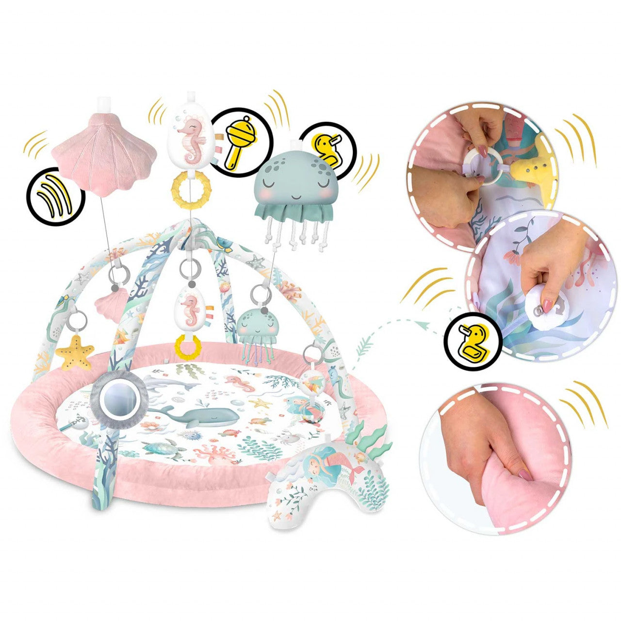 Covoras educativ pentru copii, multifunctional, pereti babynest, 7 jucarii interactive, oglinda, Nukido, 97 x 78 cm, Ocean Pink