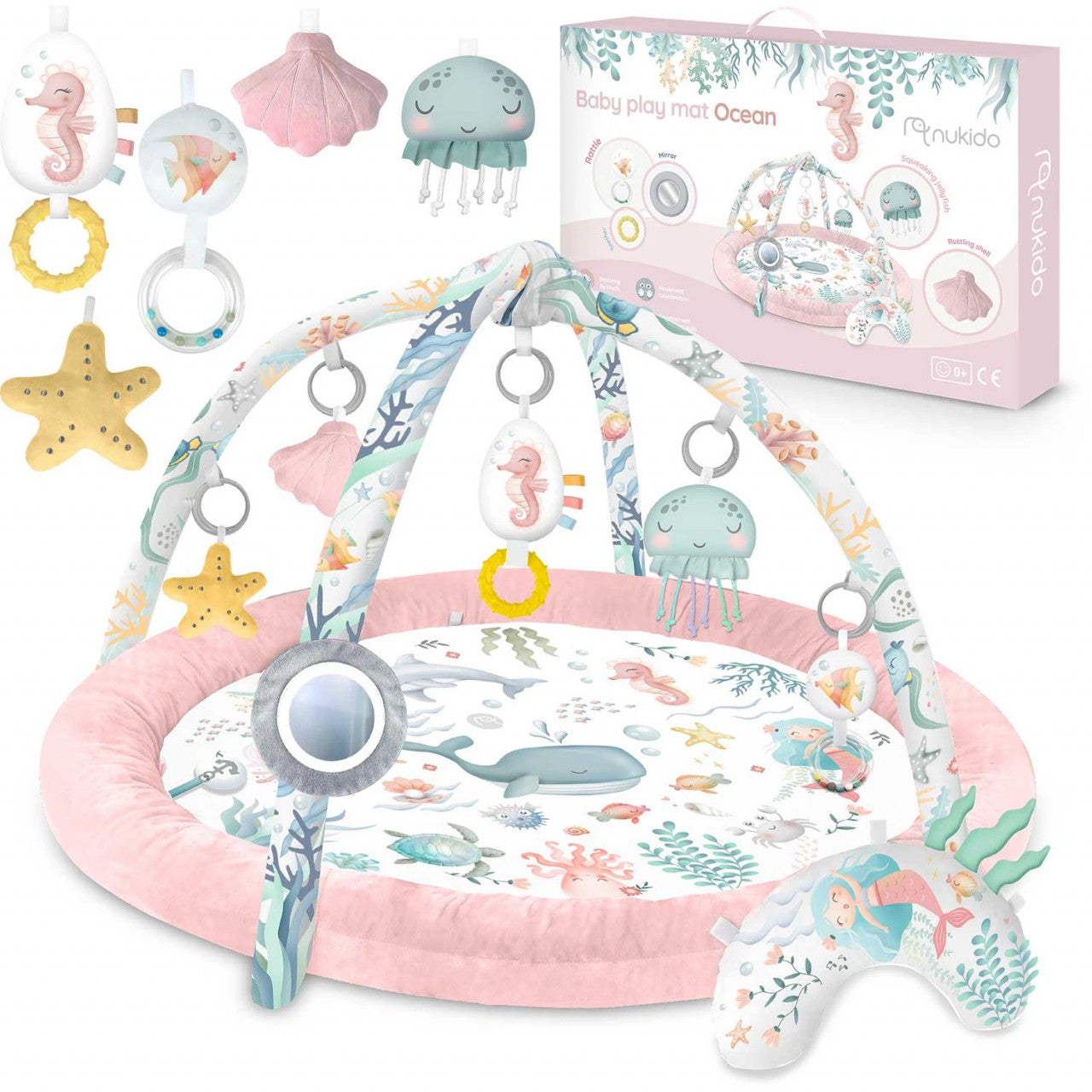 Covoras educativ pentru copii, multifunctional, pereti babynest, 7 jucarii interactive, oglinda, Nukido, 97 x 78 cm, Ocean Pink