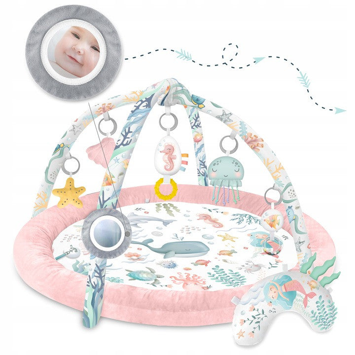 Covoras educativ pentru copii, multifunctional, pereti babynest, 7 jucarii interactive, oglinda, Nukido, 97 x 78 cm, Ocean Pink