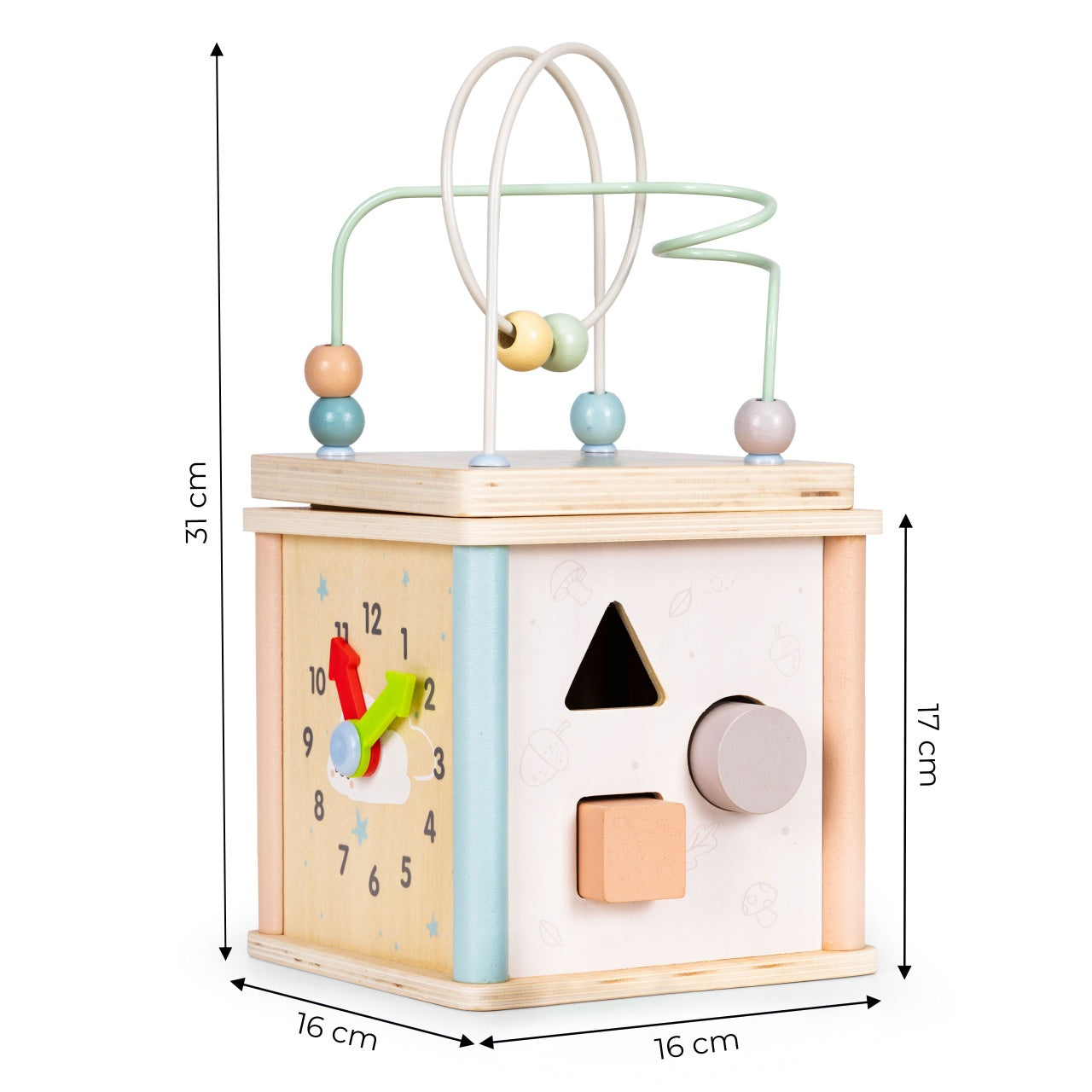 Cub Educativ Pentru Copii, Din Lemn, Sortare De Blocuri, Labirint, Ceas, EcoToys