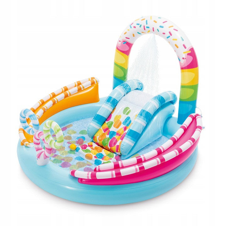Loc de joaca acvatic pentru copii, cu Piscina si Tobogan, Fantana Arteziana, Arcada, Inele, Intex, Candy Fun Play, 170 x 168 x 122 cm, Multicolor
