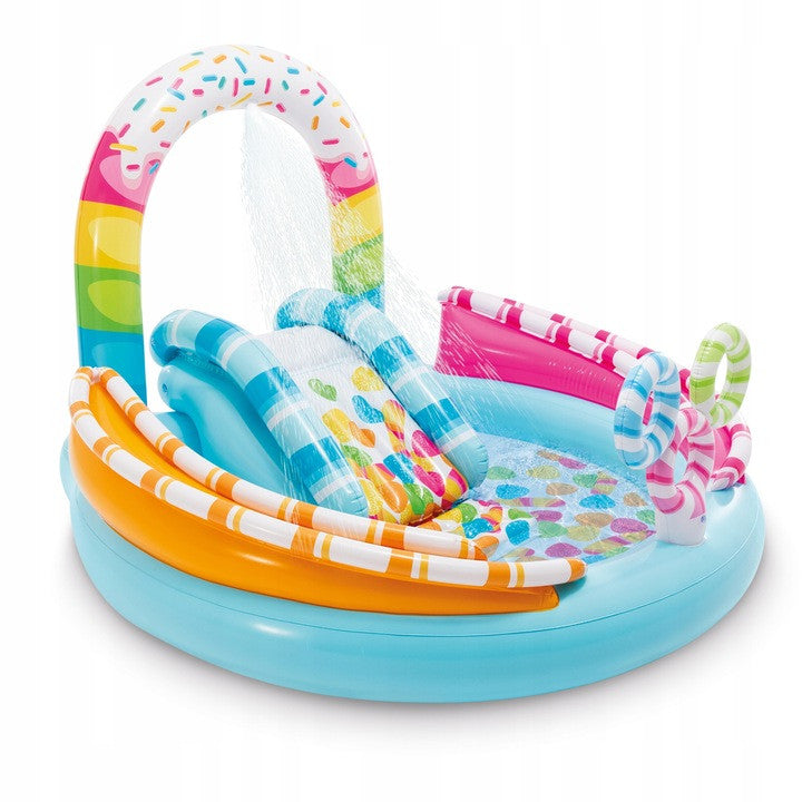 Loc de joaca acvatic pentru copii, cu Piscina si Tobogan, Fantana Arteziana, Arcada, Inele, Intex, Candy Fun Play, 170 x 168 x 122 cm, Multicolor