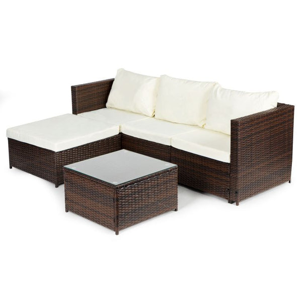 Set Coltar pentru gradina din technorattan 193x136x64 cm, masa 60x60x30 cm cu blat de sticla, perne moi, impermeabile