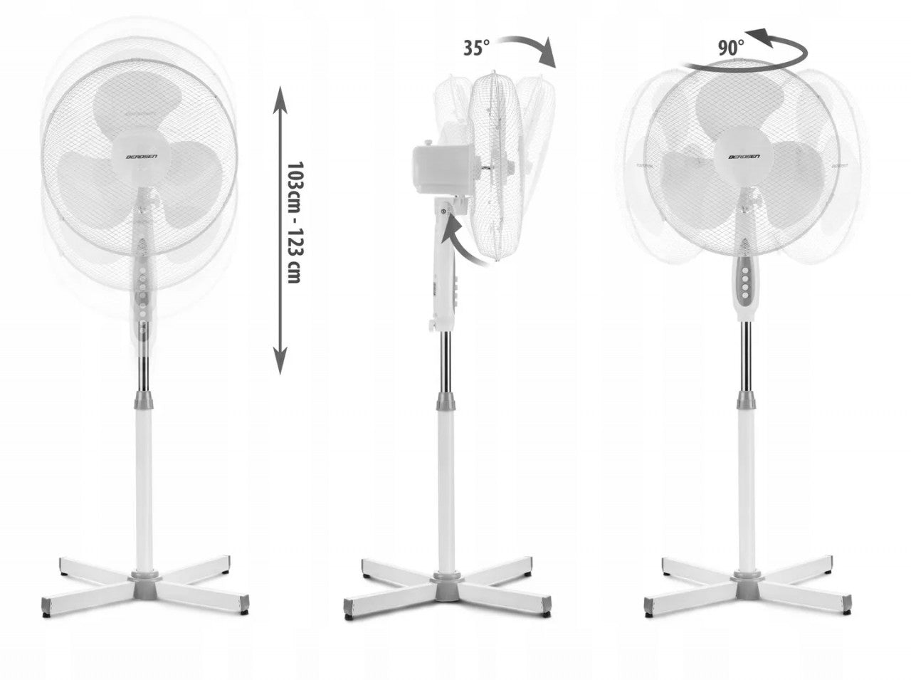 Ventilator de camera cu picior, Berdsen 355000, 40 W, 3 setari de viteza, inaltime/inclinare/directie reglabila, diametru 40 cm, Alb