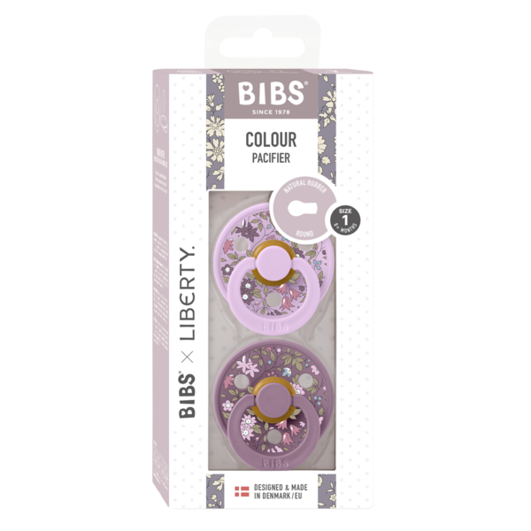 BIBS x LIBERTY - Set 2 suzete Colour Chamomile Lawn Latex, tetina rotunda, 0 luni+-Mauve/Violet Sky