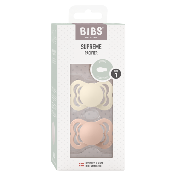 BIBS - Set 2 suzete Supreme Silicon, tetina simetrica, 0 luni +-Ivory/Blush