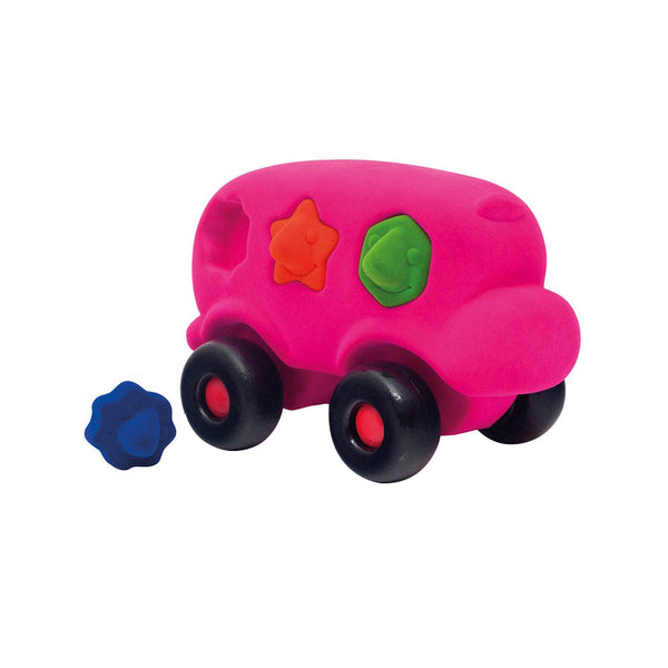 Autobuz interactiv sortator de forme, din cauciuc natural, 22 cm, roz, 1an +, Rubbabu