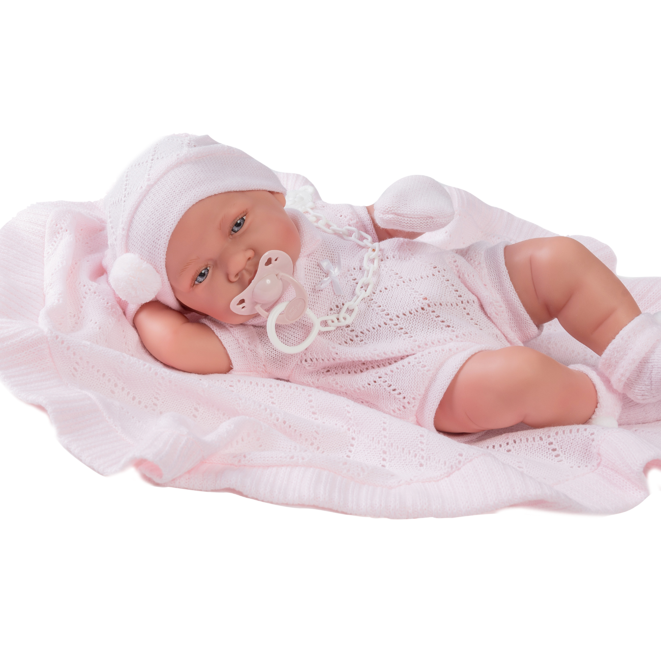 Papusa bebe realist Toqui-fetita cu paturica, corp anatomic corect, alb-roz, corp realist anatomic, Antonio Juan