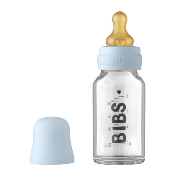 Set complet biberon din sticla anticolici, 110 ml, Baby Blue, BIBS