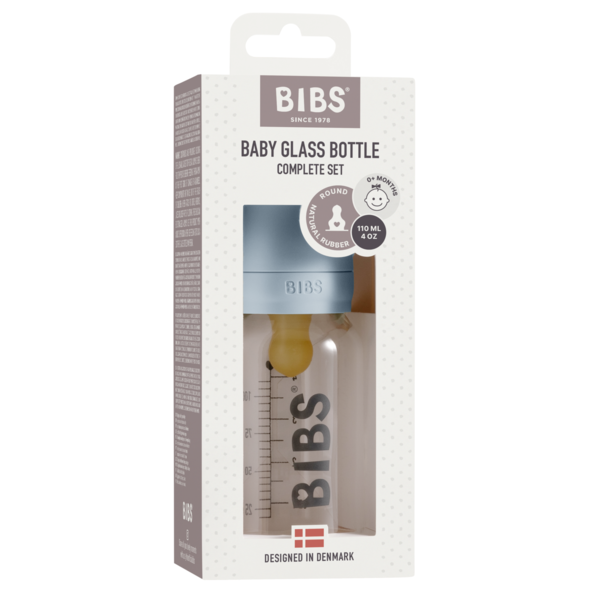 Set complet biberon din sticla anticolici, 110 ml, Baby Blue, BIBS