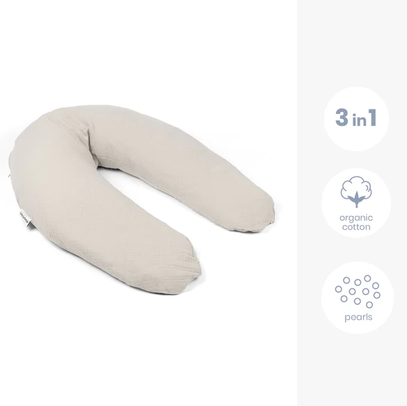 Doomoo - Perna mare 3 in 1 Comfy Big Tetra Almond din bumbac organic: perna gravide, suport pentru hranire, suport pentru bebe