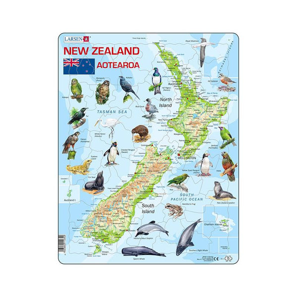 Puzzle maxi Noua Zeelanda cu animale (limba engleza), orientare tip portret,  71 de piese, Larsen
