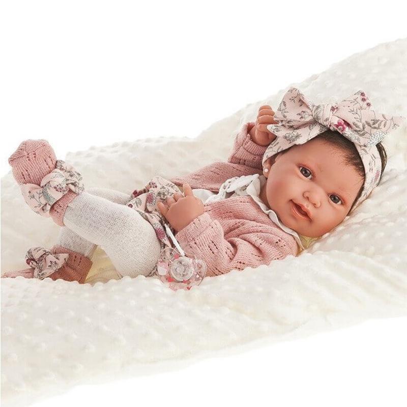 Papusa bebe realist Pipa Reborn cu pernuta, cu articulatii, alb-roz, corp realist anatomic, Antonio Juan - Manute Creative
