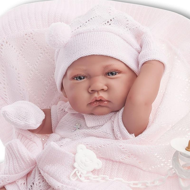 Papusa bebe realist Toqui-fetita Reborn cu paturica, cu articulatii, alb-roz, corp realist anatomic, Antonio Juan - Manute Creative