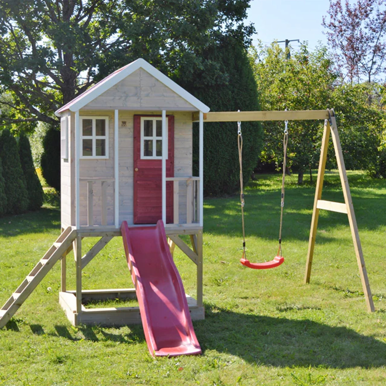 Casuta de gradina pentru copii, Nordic Adventure House cu platforma, loc pentru nisip, tobogan si leagan, +3ani, Wendi Toys