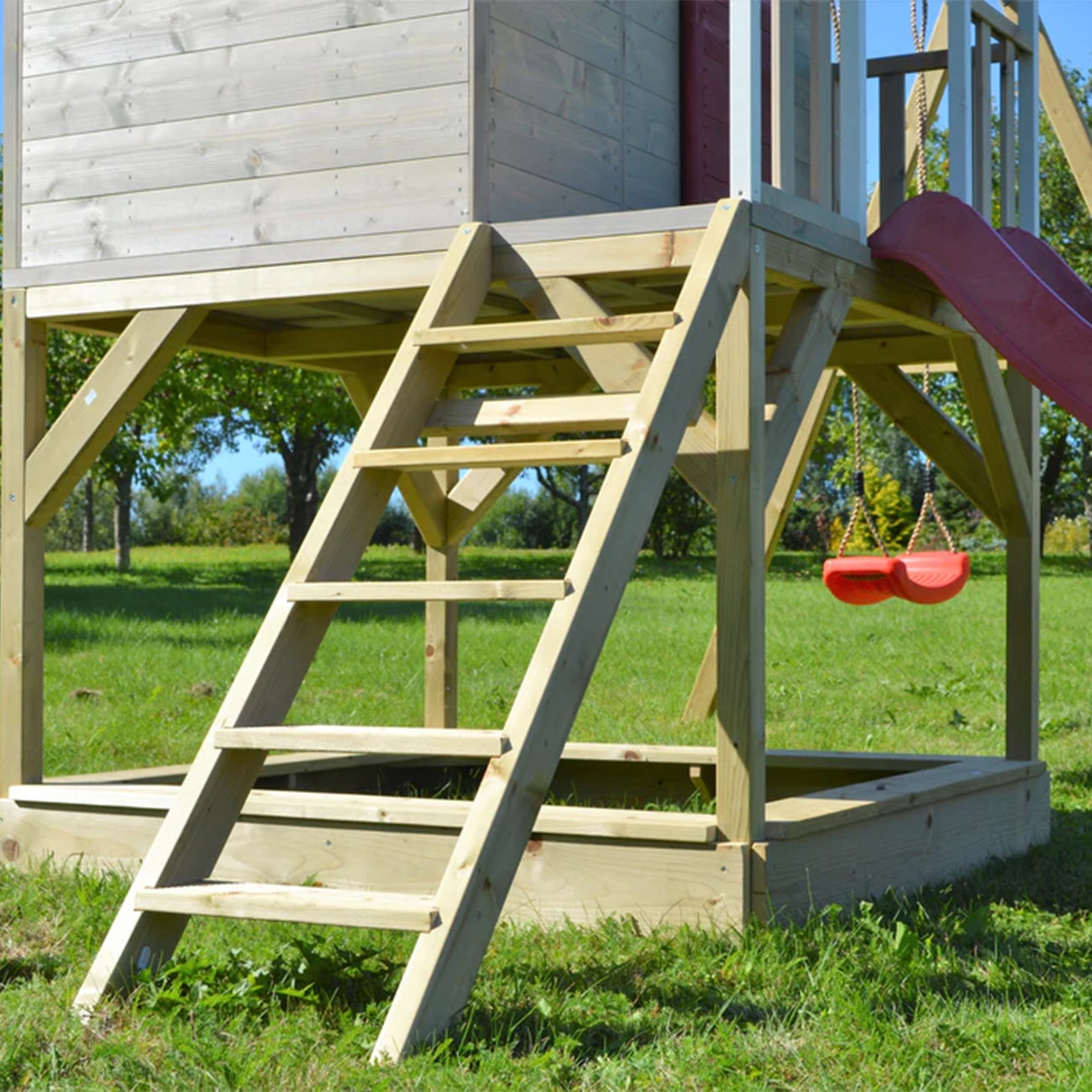 Casuta de gradina pentru copii, Nordic Adventure House cu platforma, loc pentru nisip, tobogan si leagan, +3ani, Wendi Toys