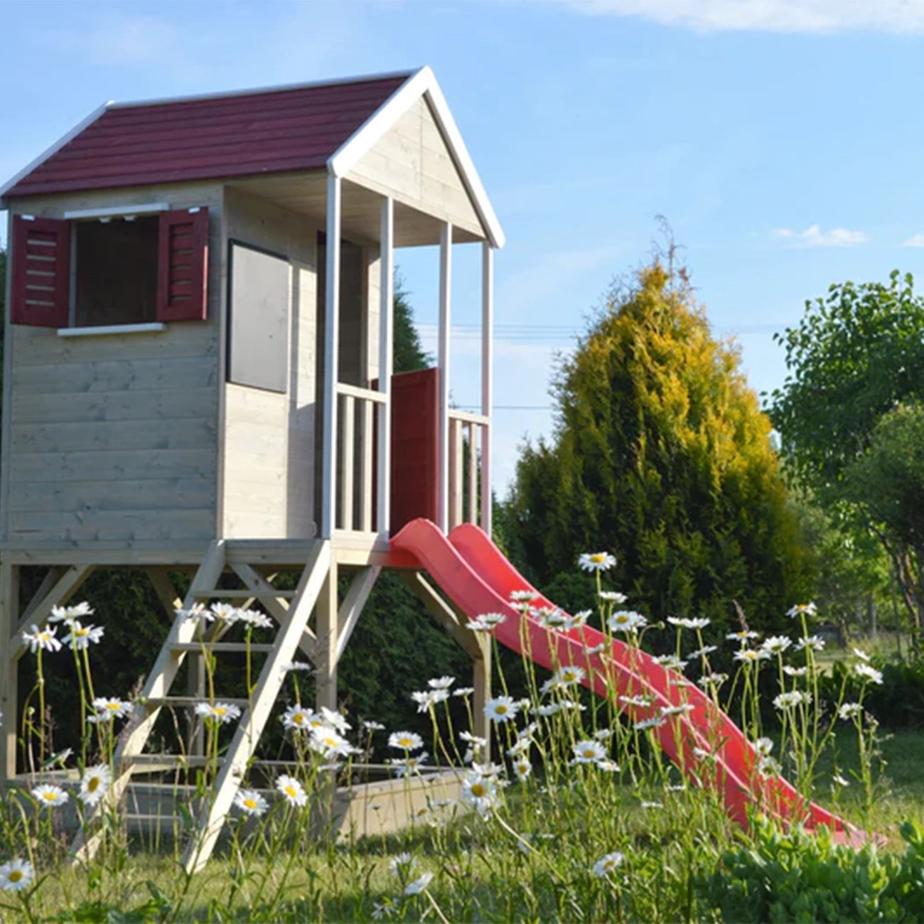 Casuta de gradina pentru copii, Summer Adventure House cu platforma, loc pentru nisip si tobogan, +3ani, Wendi Toys