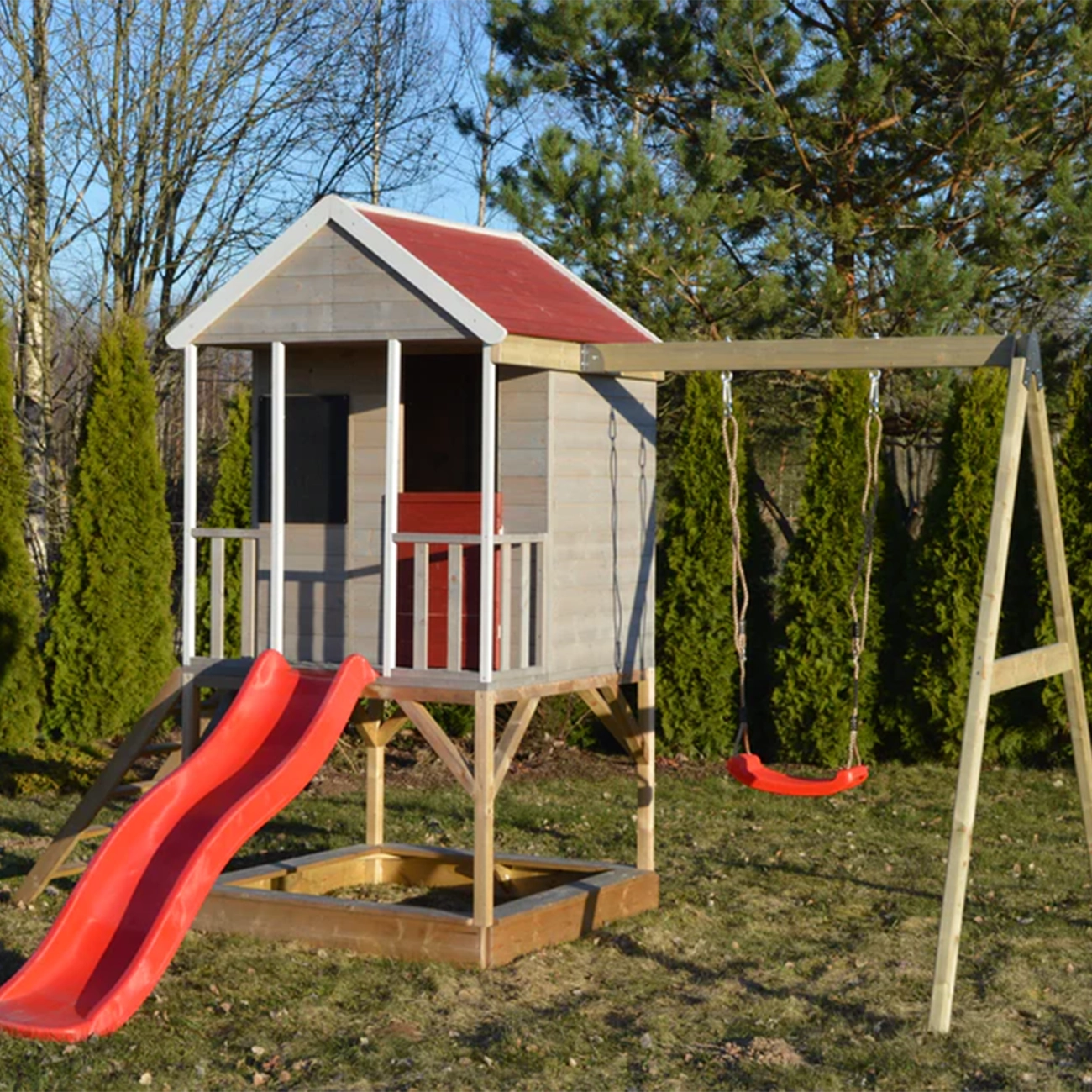 Casuta de gradina pentru copii, Summer Adventure House cu platforma, loc pentru nisip, tobogan si leagan,+3ani, Wendi Toys