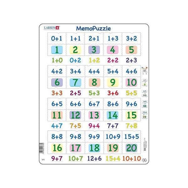 Puzzle maxi Memo cu adunari cu numere intre 0 si 20, orientare tip portret,  40 de piese, Larsen