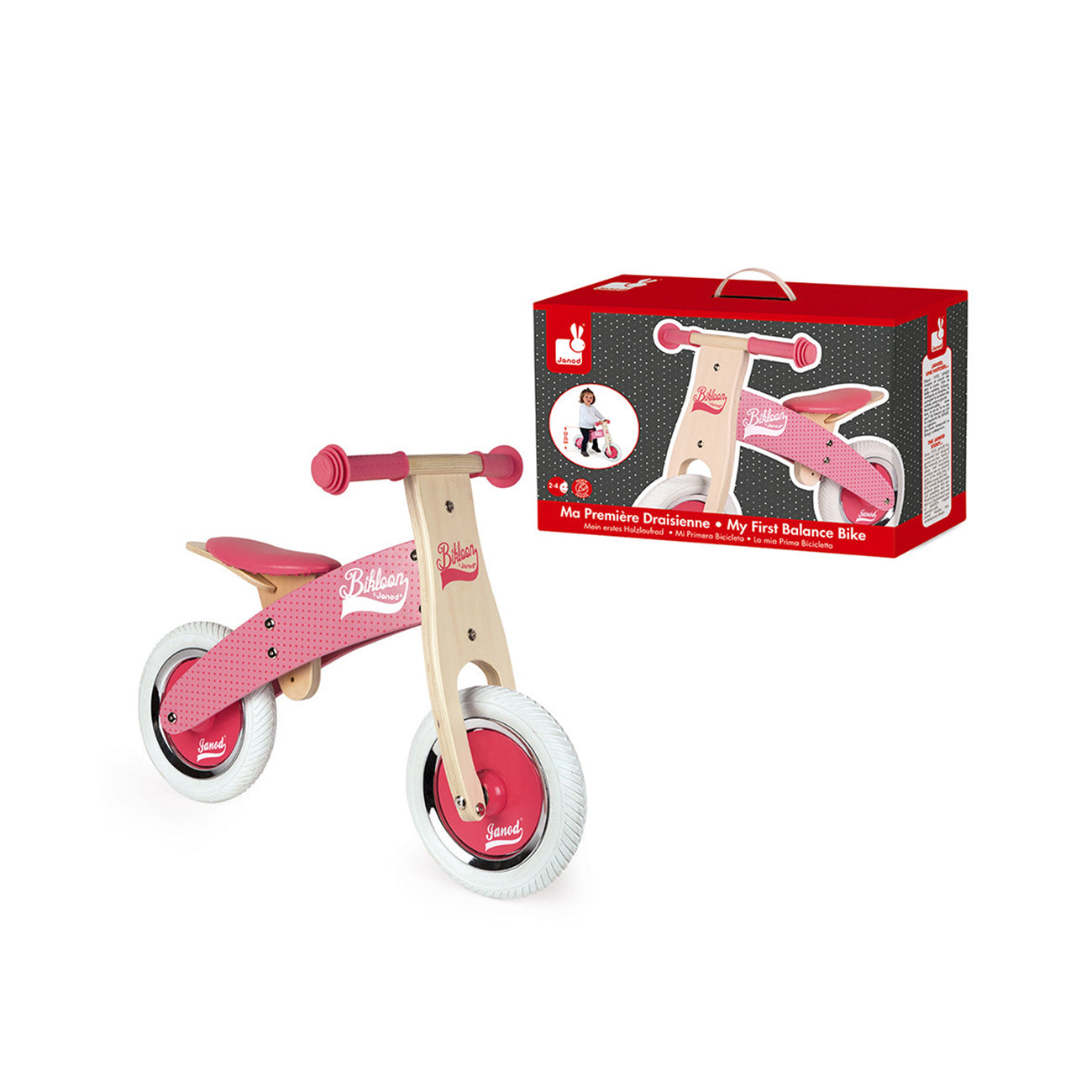 Bicicleta fara pedale, din lemn, roz, +2 ani, Janod