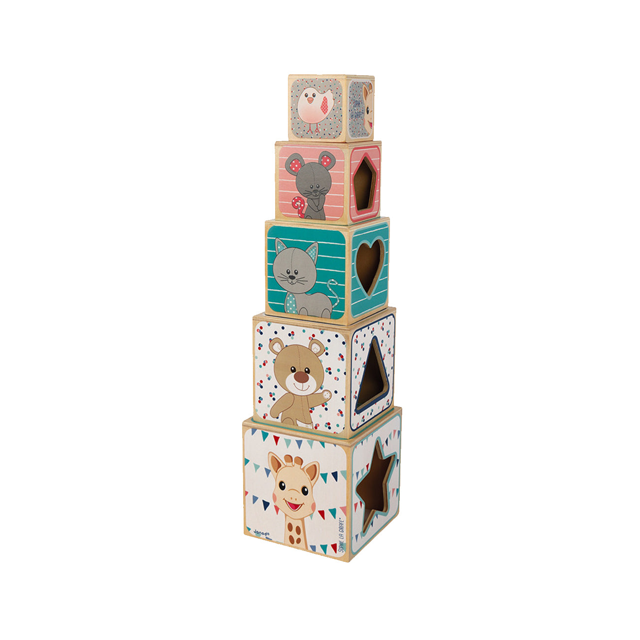 Cuburi de stivuit cu forme Sophie la girafe, din lemn, +12 luni, Janod