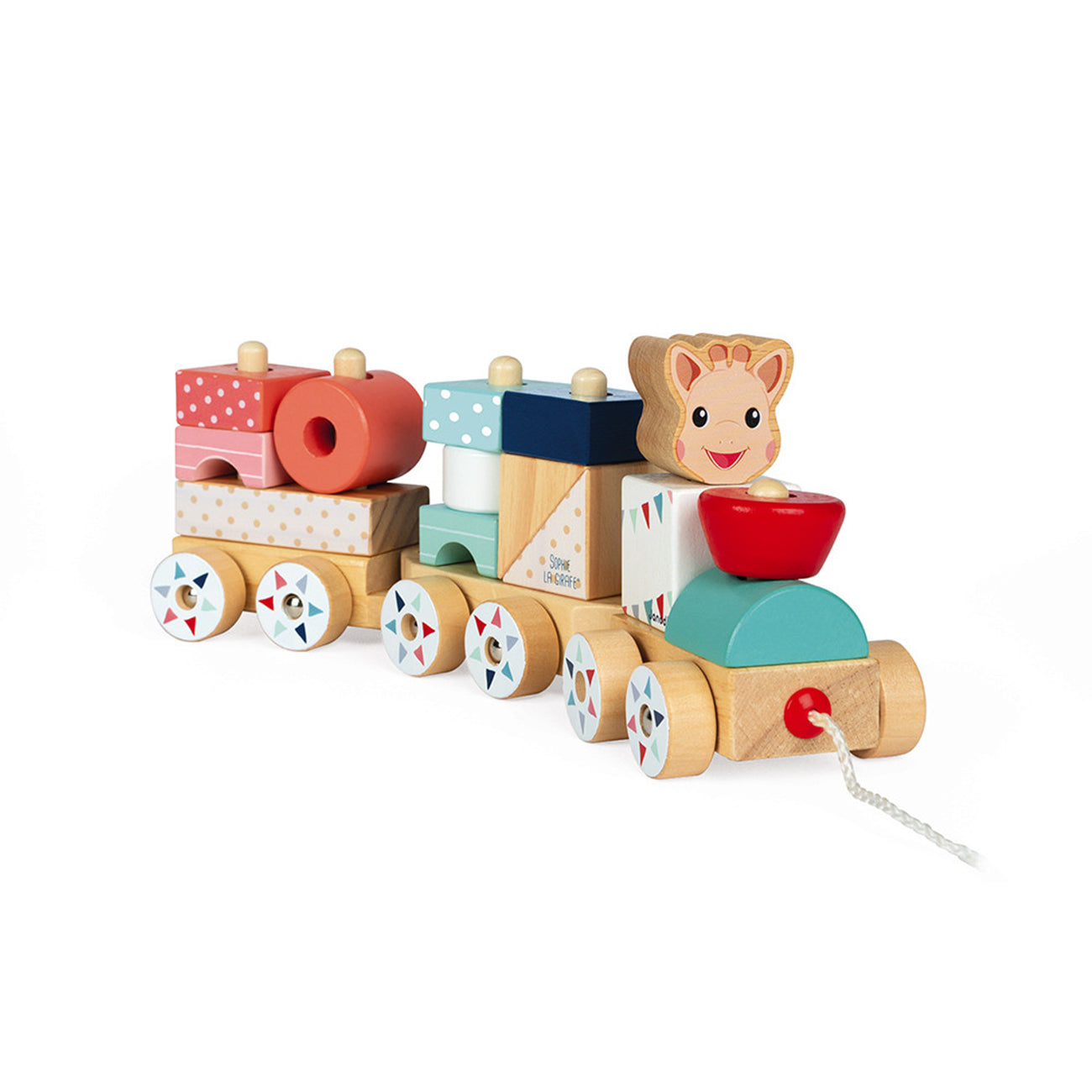 Trenulet cu vagoane si cuburi sortatoare pentru copii, Sophie la girafe, din lemn, +12 luni, Janod