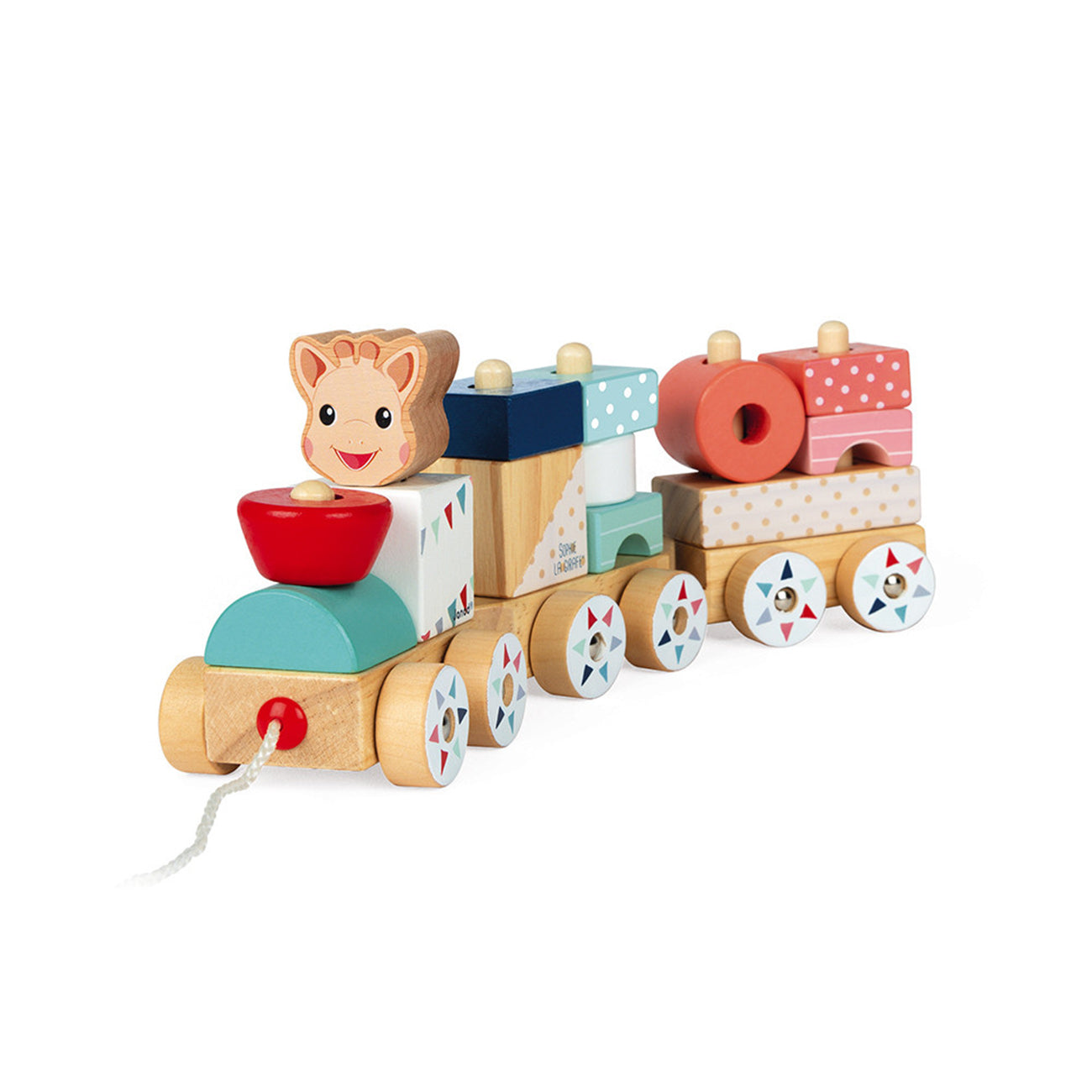 Trenulet cu vagoane si cuburi sortatoare pentru copii, Sophie la girafe, din lemn, +12 luni, Janod
