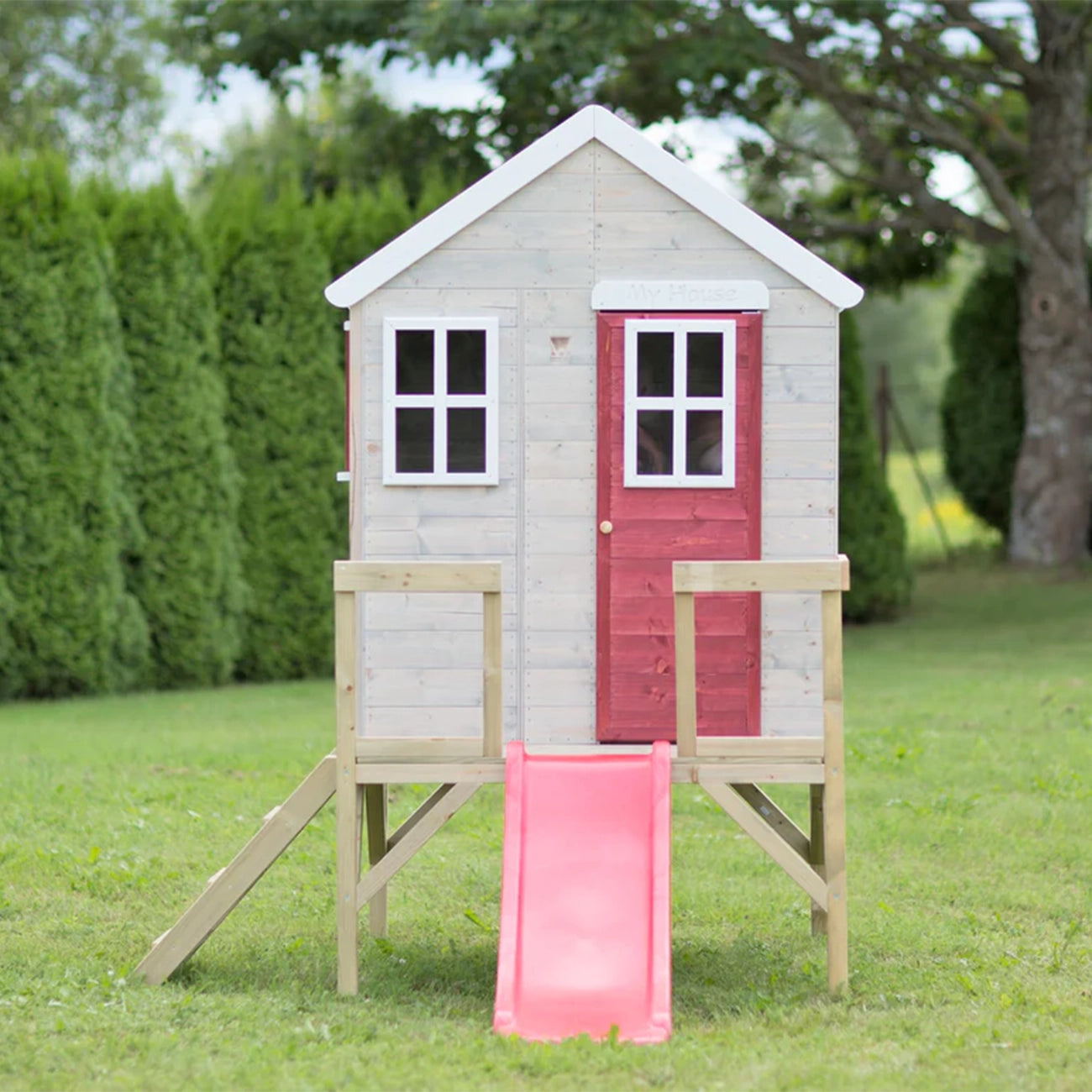 Casuta de gradina pentru copii, My Red Cottage House cu platforma si tobogan, +3ani, Wendi Toys