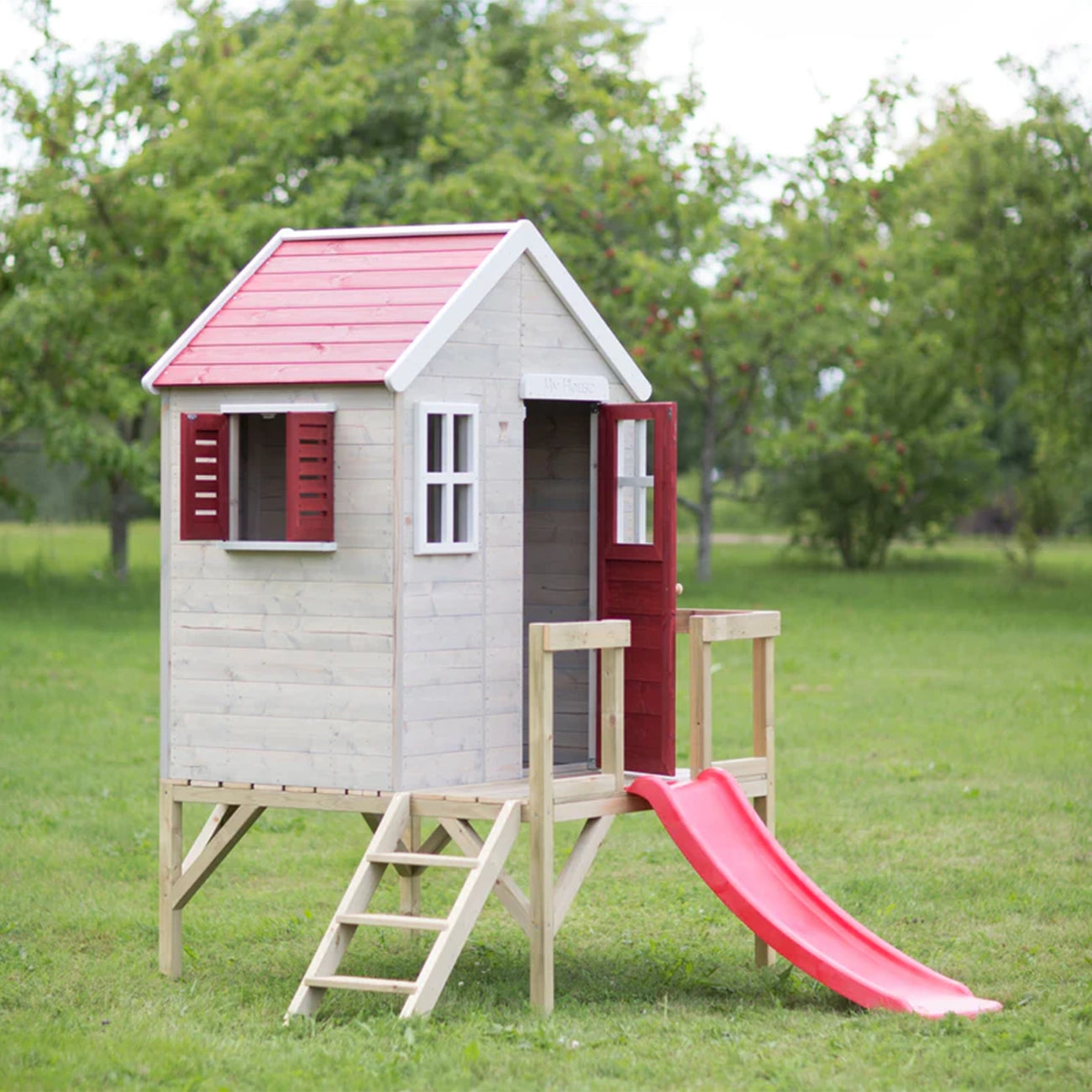 Casuta de gradina pentru copii, My Red Cottage House cu platforma si tobogan, +3ani, Wendi Toys