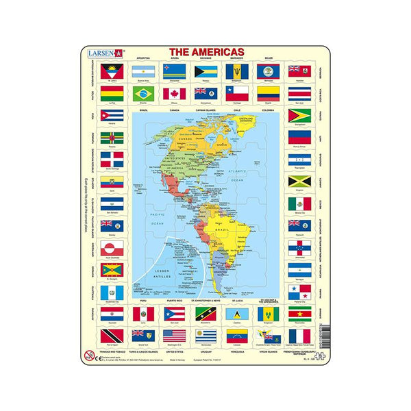 Puzzle maxi America de Nord si America de Sud cu steaguri (limba engleza), orientare tip vedere, 70 de piese, Larsen