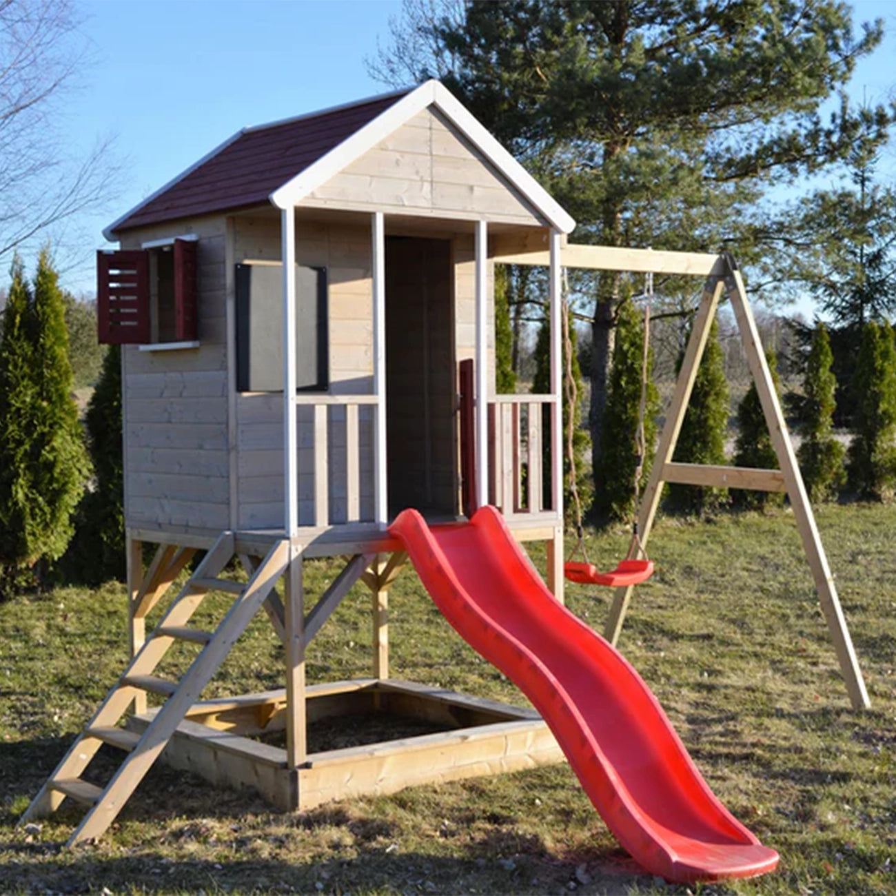 Casuta de gradina pentru copii, Summer Adventure House cu platforma, loc pentru nisip, tobogan si leagan,+3ani, Wendi Toys