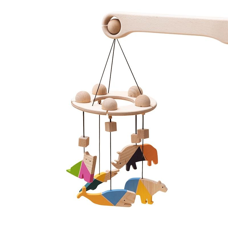 Carusel patut bebelusi Mobile, cu 5 jucarii colorate animale, lemn, Mobbli - Manute Creative