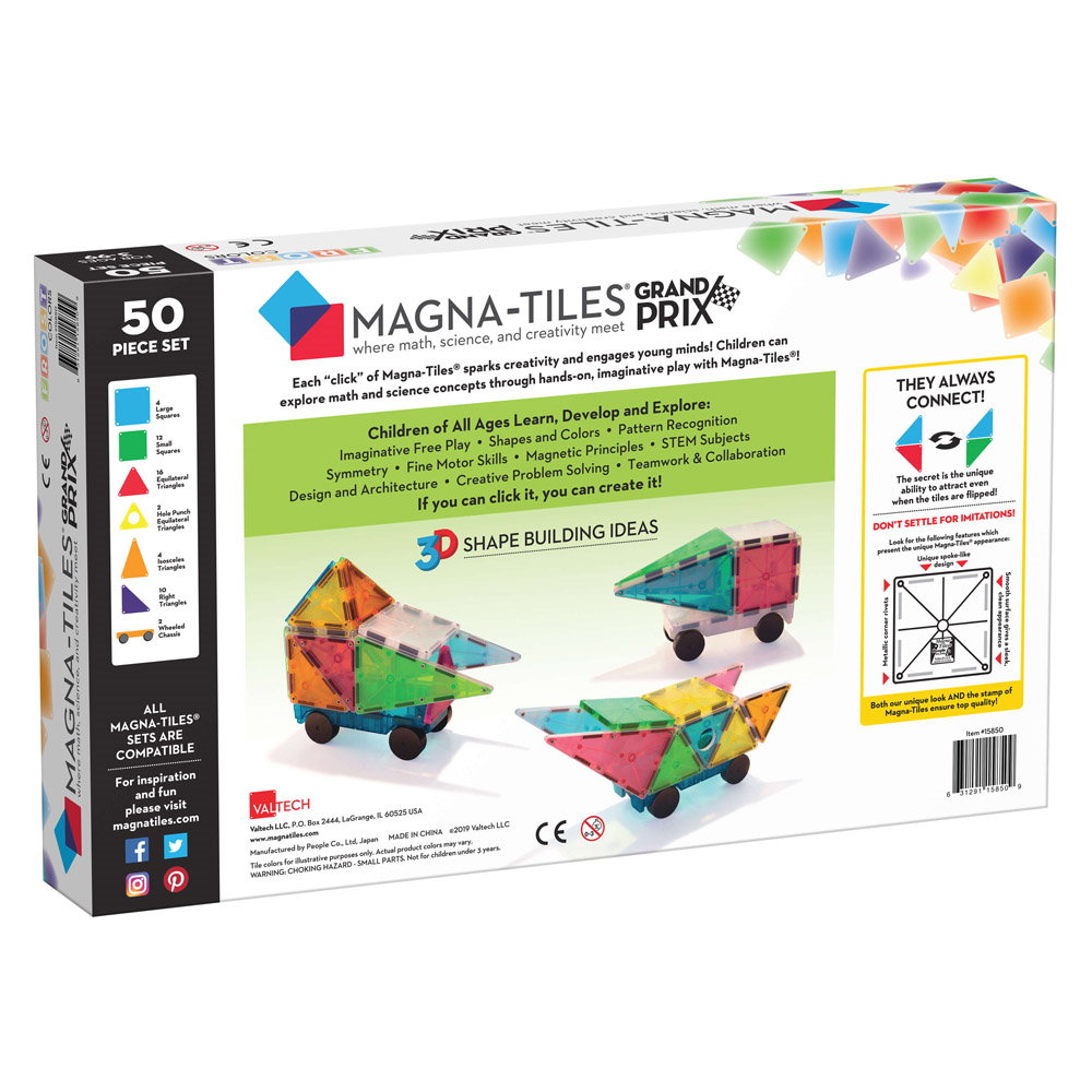 Grand Prix, set magnetic 50 de piese cu masinute, Magna-Tiles