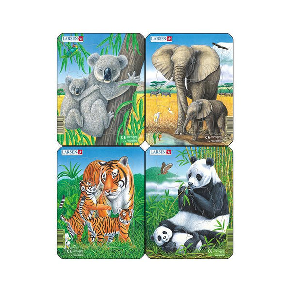 Set 4 puzzle mini Animale exotice mama si puiul, orientare tip portret, 8 piese, Larsen