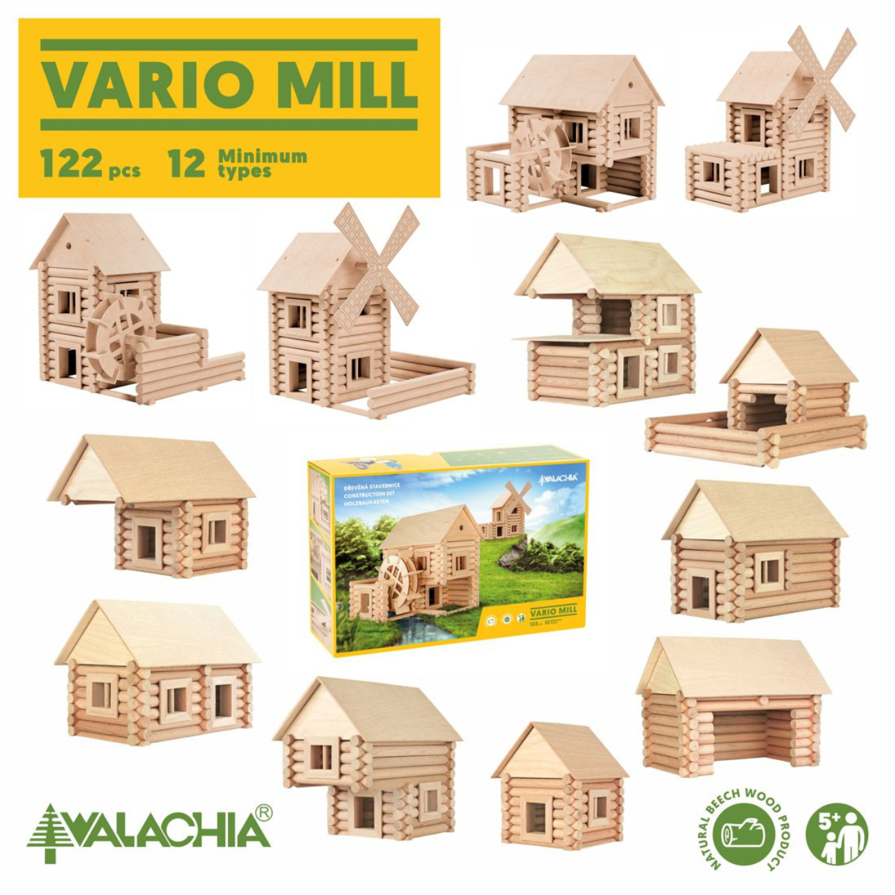 Set constructie arhitectura Vario Mill, 122 piese mari din lemn, Walachia