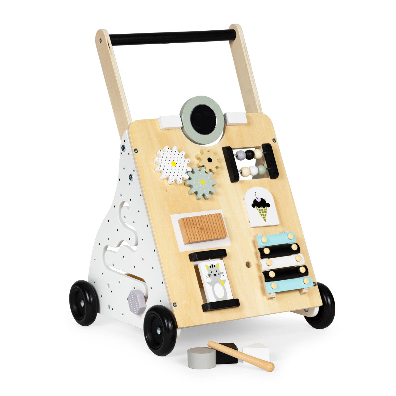 Antemergator din lemn pentru copii, panou educativ cu elemente mobile, roti de cauciuc, Ecotoys, TL01035