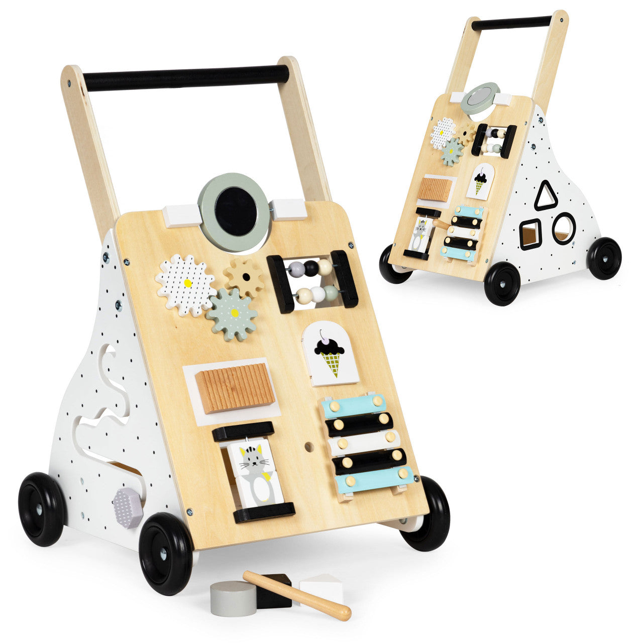 Antemergator din lemn pentru copii, panou educativ cu elemente mobile, roti de cauciuc, Ecotoys, TL01035