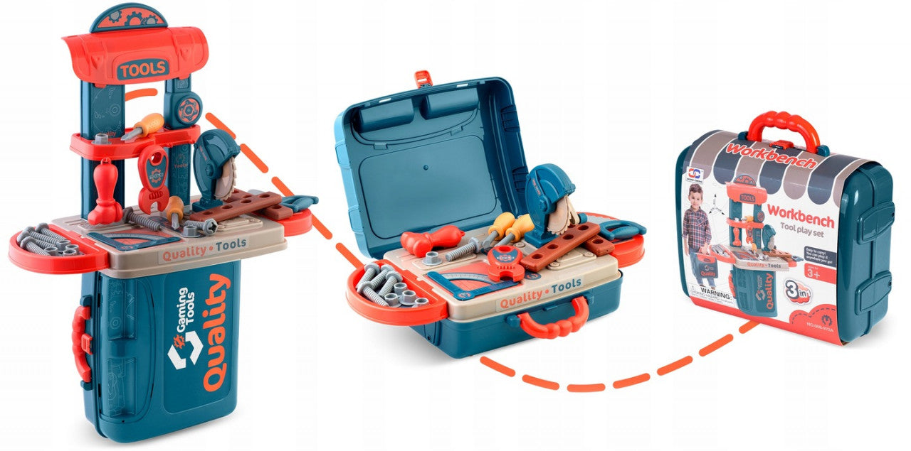 Atelier de lucru din plastic pentru copii, tip valiza, cu 20 accesorii, 42 x 20,5 x 53 cm, Ricokids, 3 in 1, Albastru