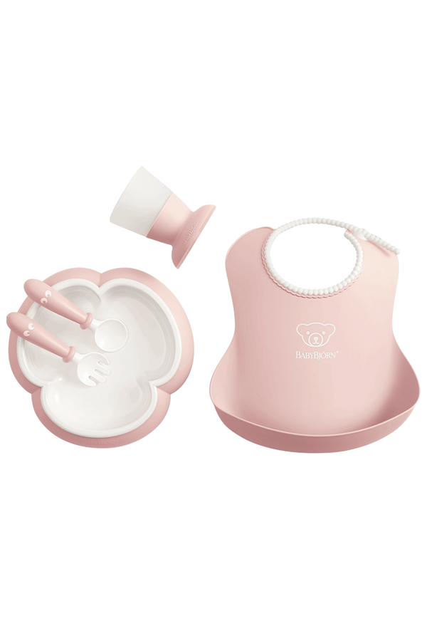 Set Hranire: Farfurie, Lingurita, Furculita, Pahar si Bavetica pentru Bebe, Powder Pink, BabyBjorn